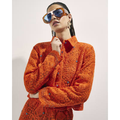 Orange Crochet Long Sleeve Embellished Shirt