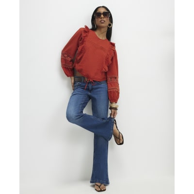 Orange Long Sleeve Ruffle Blouse