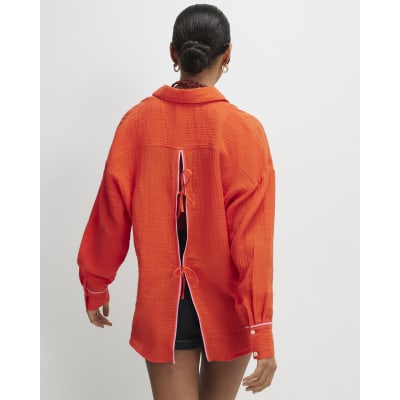 Orange Long Sleeve Tie Back Beach Shirt