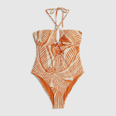 Orange Metallic Palm Print Swimsuit