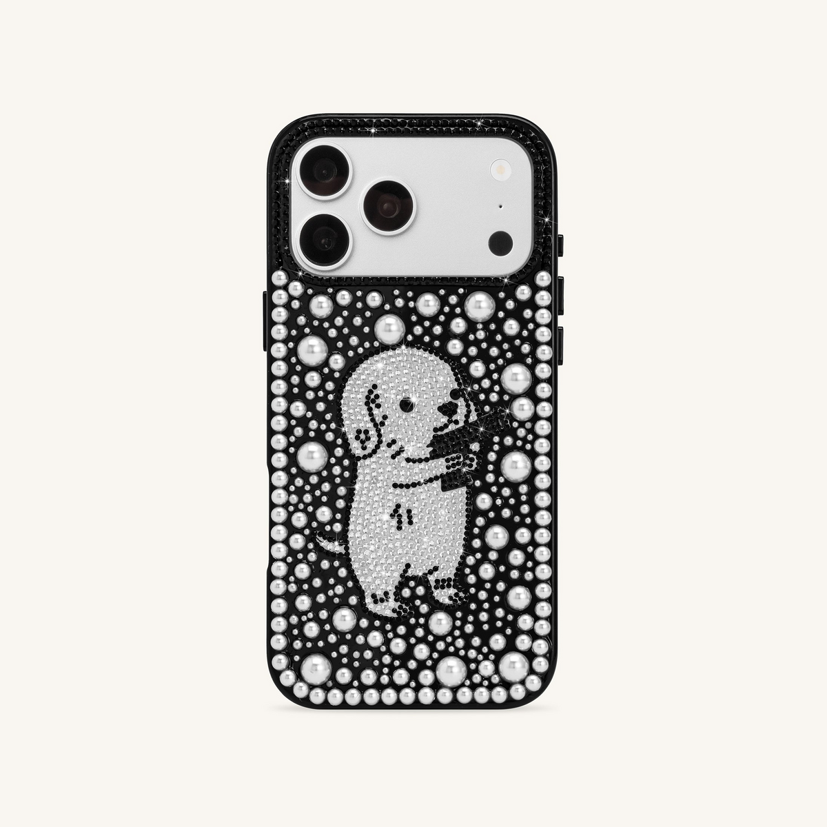 Pearl Artificial Crystal Puppy Phone Case - Black