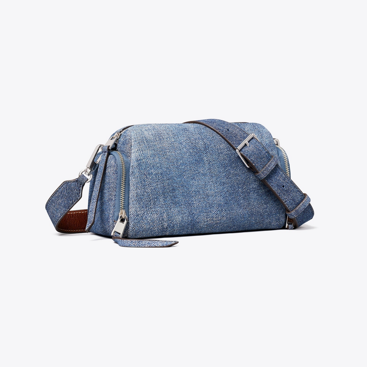 Perry Denim-Print Suede Voyager Crossbody Bag