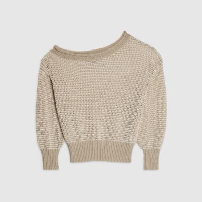 Petite Beige Knitted Off Shoulder Top