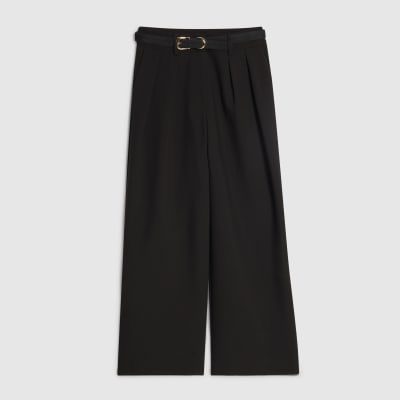 Petite Black Belted Wide Leg Trousers