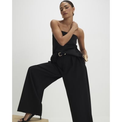 Petite Black Belted Wide Leg Trousers