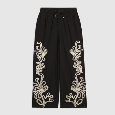 Petite Black Embroidered Wide Leg Trousers
