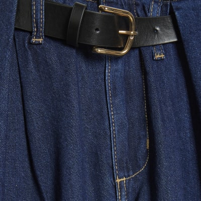 Petite Blue Belted Pleated Wide Leg Jeans