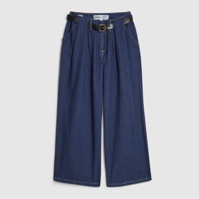 Petite Blue Belted Pleated Wide Leg Jeans