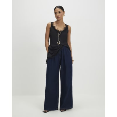 Petite Blue High Rise Pleated Wide Leg Jeans
