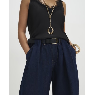 Petite Blue High Rise Pleated Wide Leg Jeans