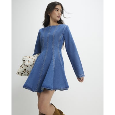 Petite Blue Seamed Denim Mini Dress