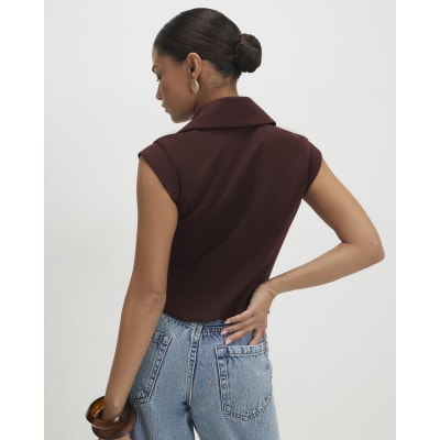 Petite Brown Cap Sleeve Twill Waistcoat