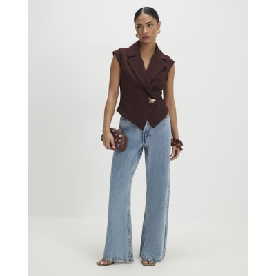 Petite Brown Cap Sleeve Twill Waistcoat