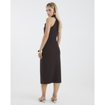 Petite Brown Halter Neck Midi Waistcoat Dress