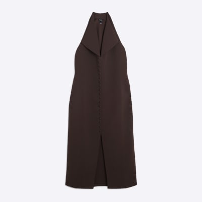 Petite Brown Halter Neck Midi Waistcoat Dress