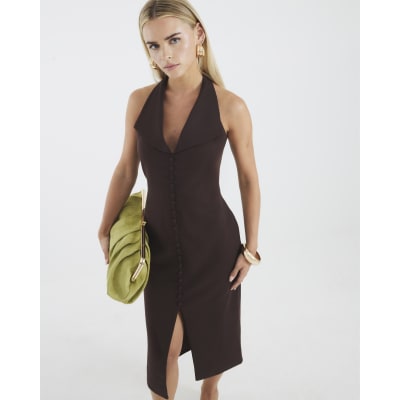 Petite Brown Halter Neck Midi Waistcoat Dress