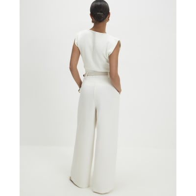 Petite Cream Belted Wide Leg Trousers