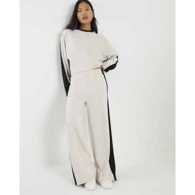 Petite Cream Colour Block Wide Leg Trousers