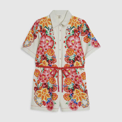 Petite Cream Floral Collared Playsuit