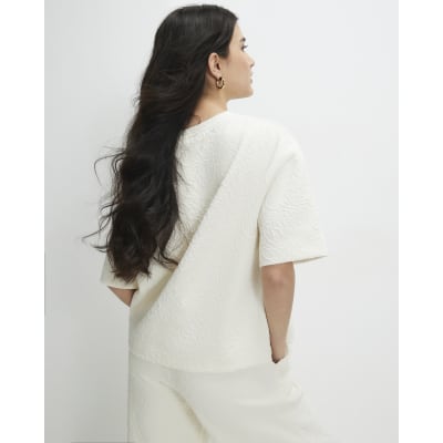Petite Cream Short Sleeve Jacquard T-shirt