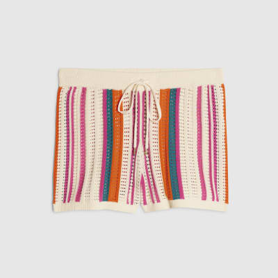 Petite Cream Striped Crochet Shorts