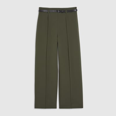 Petite Khaki Belted Straight Leg Trousers