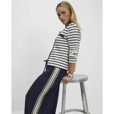 Petite Navy Pinstripe Crochet Joggers
