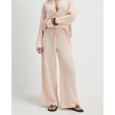 Petite Pink Crinkle Wide Leg Trousers