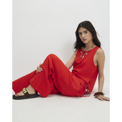 Petite Red Linen Trousers