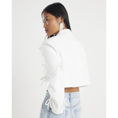 Petite White Bow Detail Cropped Blazer