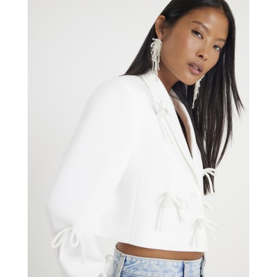Petite White Bow Detail Cropped Blazer