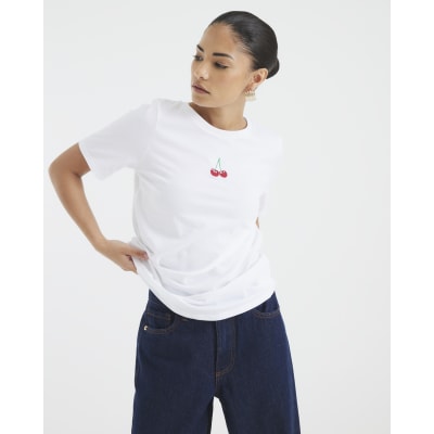 Petite White Embroidered Cherry T-Shirt