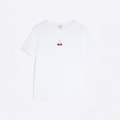 Petite White Embroidered Cherry T-Shirt