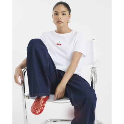 Petite White Embroidered Cherry T-Shirt