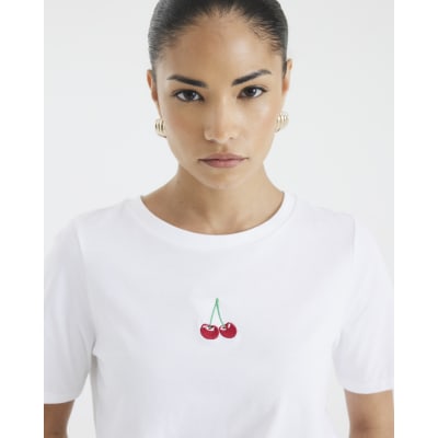 Petite White Embroidered Cherry T-Shirt