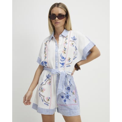 Petite White Embroidery Stripe Playsuit