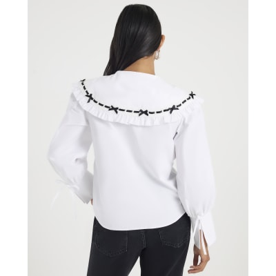 Petite White Poplin Ribbon Trim Collar Shirt