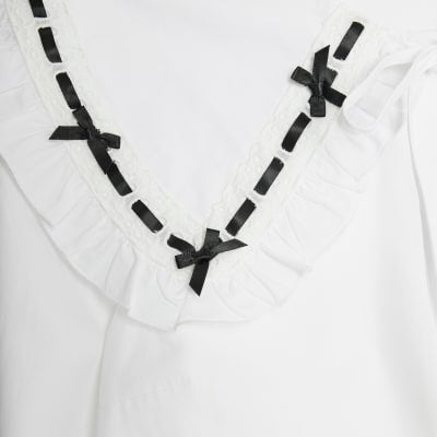 Petite White Poplin Ribbon Trim Collar Shirt