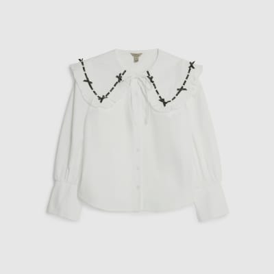 Petite White Poplin Ribbon Trim Collar Shirt
