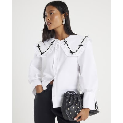 Petite White Poplin Ribbon Trim Collar Shirt