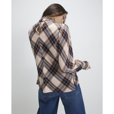 Pink Check Print Long Sleeve Blouse