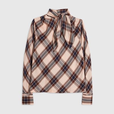 Pink Check Print Long Sleeve Blouse