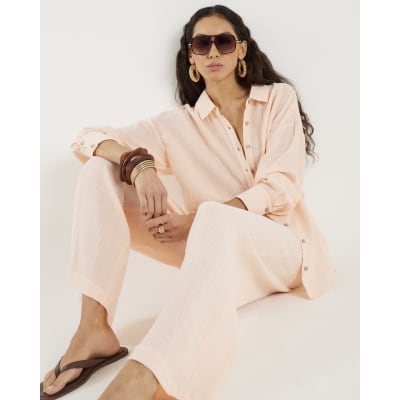 Pink Crinkle Drawstring Wide Leg Trousers