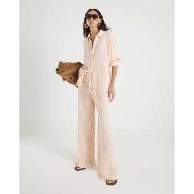 Pink Crinkle Drawstring Wide Leg Trousers