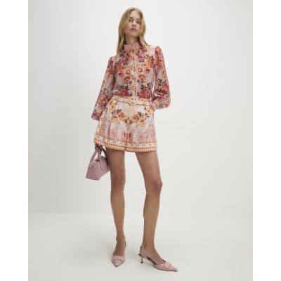 Pink Floral Belted Shorts