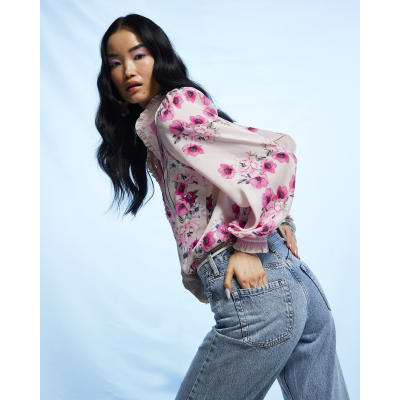 Pink Floral Half Placket Blouse