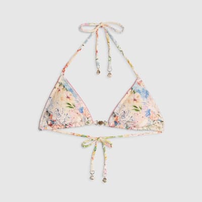 Pink Floral Print Triangle Bikini Top