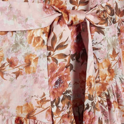Pink Floral Satin Belted Mini Shirt Dress
