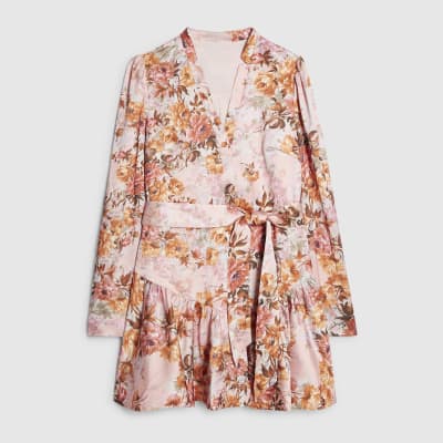 Pink Floral Satin Belted Mini Shirt Dress
