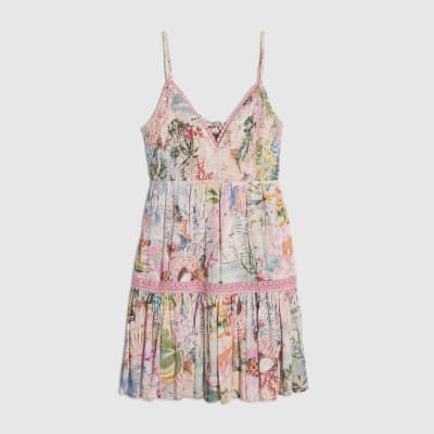 Pink Floral Shirred Mini Beach Dress